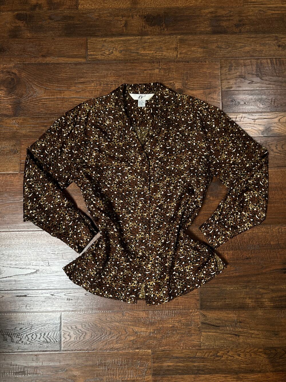 Vintage FY2 100% Silk Blouse - Brown Cheetah Animal Print Button Front - Large